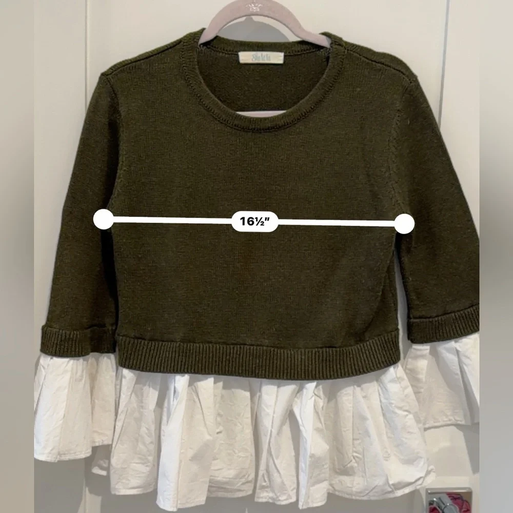 BLOUSE BOTTOM KNIT SWEATER Olive Green and White top M cottage girl